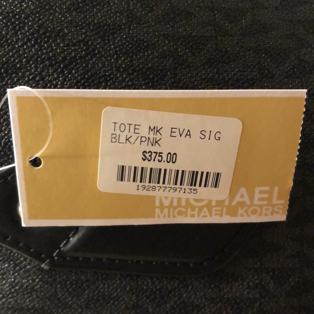 NWT Michael Kors LG. Black Coated Canvas  Eva Tote Bag with Pink/White Stripes - Picture 7 of 8